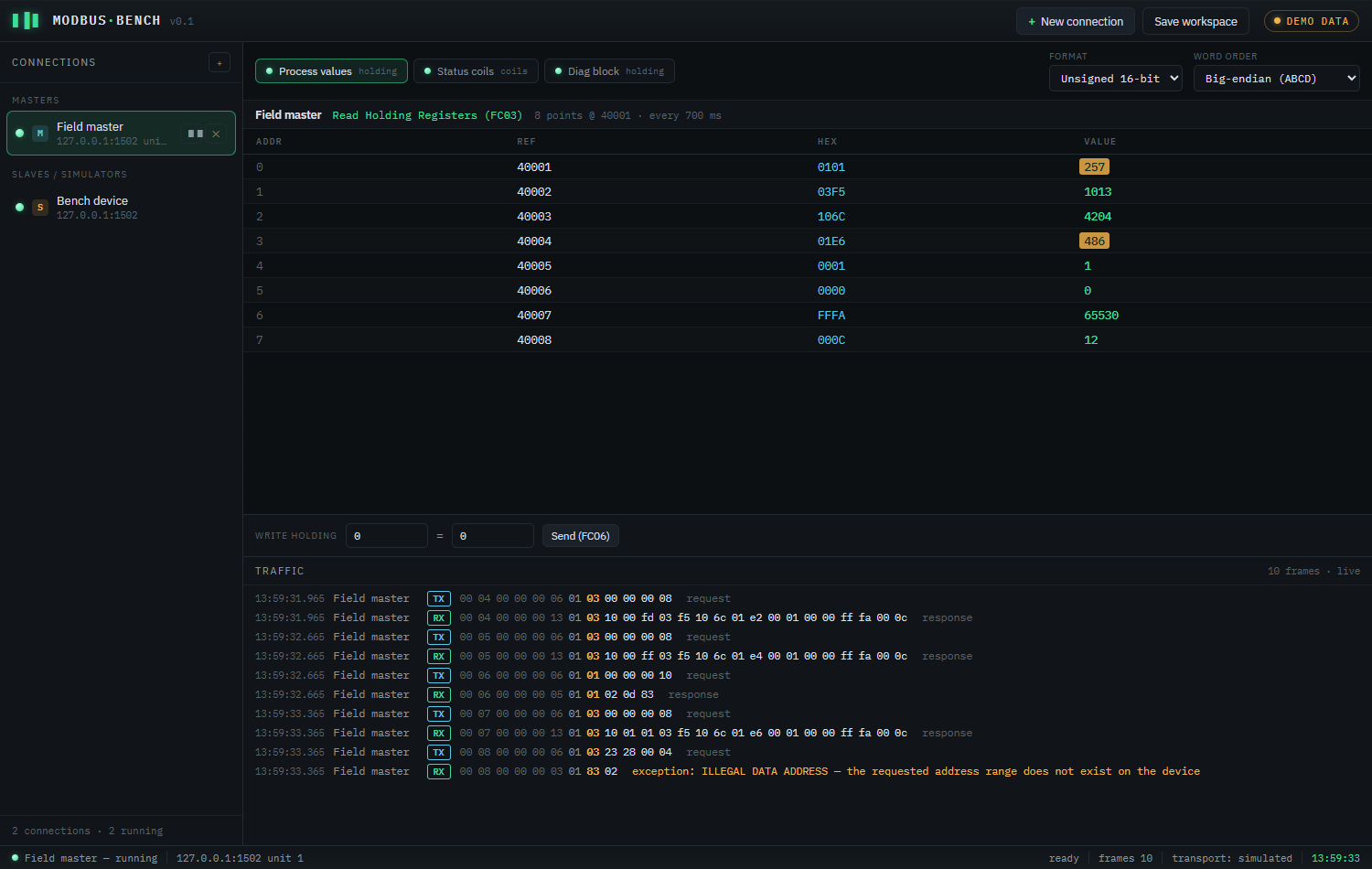 ModbusBench — master register grid with live traffic