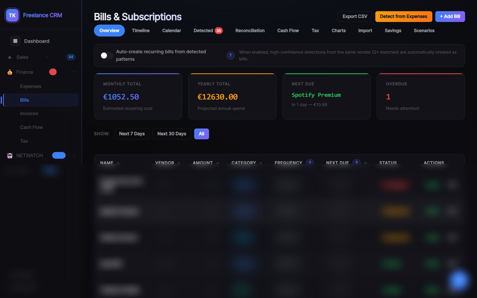 Freelance CRM — bills