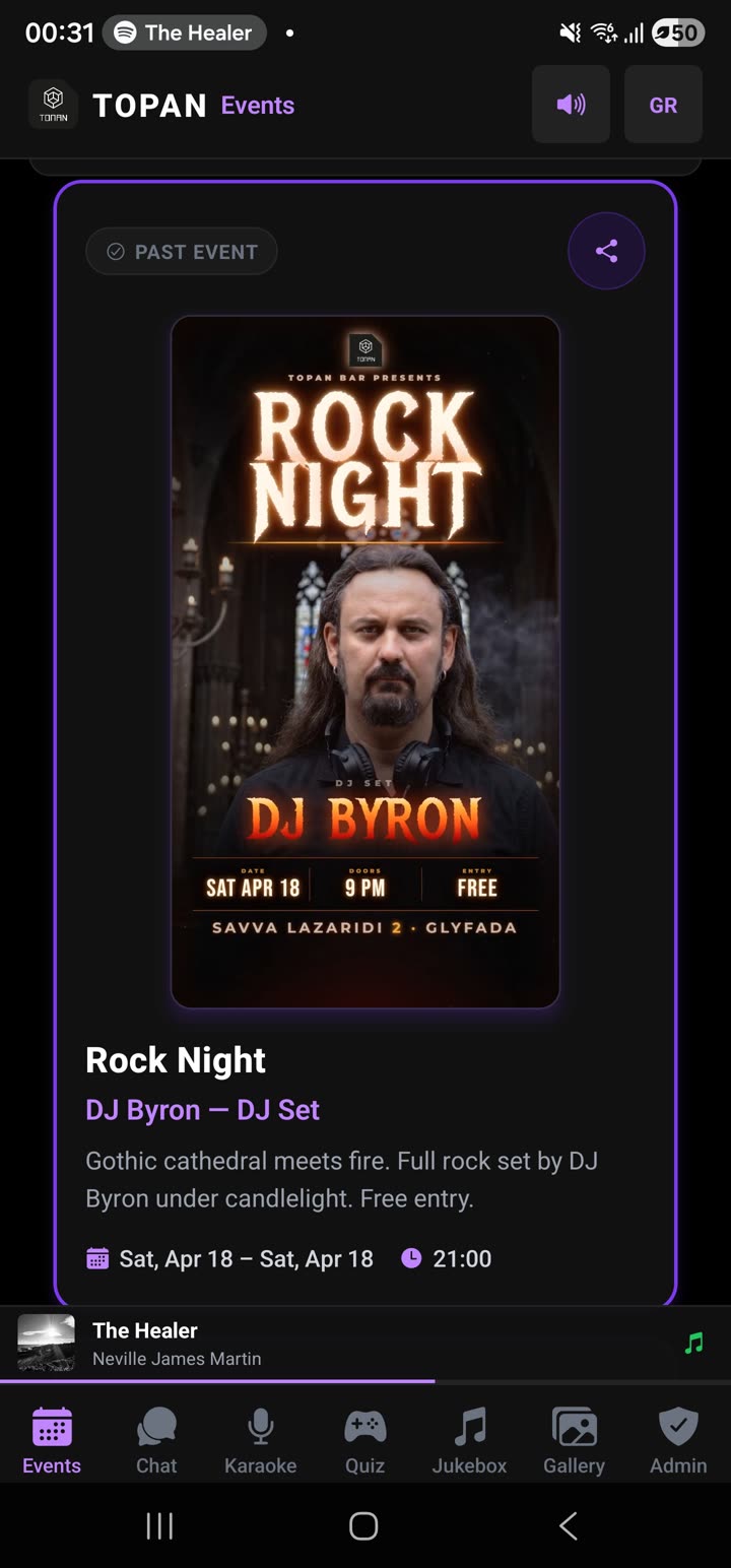 Topan Bar — Events tab with Rock Night poster